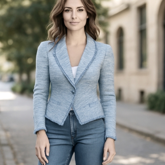 Etcetera Lux Blue Tweed Fringed Cropped Shorter 3/4 Jacket Blazer Sz 6 - Picture 12 of 12